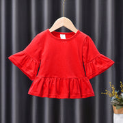 カットソー Tシャツ ５分袖 キッズ ベビー 子供用 女の子 トップス ラウンドネック フレアスリーブ ベルスリーブ フレア裾 無地 シンプル ソリッドカラー お洒落 可愛い 普段使い お出かけ 子供服 女児 ガールズ