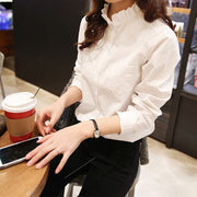 シャツ ブラウス レディース 婦人服 トップス 長袖 スタンドカラー フリルカラー フリル襟 襟付き 前ボタン シンプル 無地 おしゃれ トラッド 大きいサイズ かっこいい キレイめ系 オフィスファッション 白 ホワイト