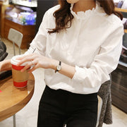 シャツ ブラウス レディース 婦人服 トップス 長袖 スタンドカラー フリルカラー フリル襟 襟付き 前ボタン シンプル 無地 おしゃれ トラッド 大きいサイズ かっこいい キレイめ系 オフィスファッション 白 ホワイト