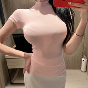 Tシャツ カットソー レディース 女性用 トップス 半袖 モックネック 伸縮 タイト 無地 単色 シンプル カジュアル 普段使い デイリー