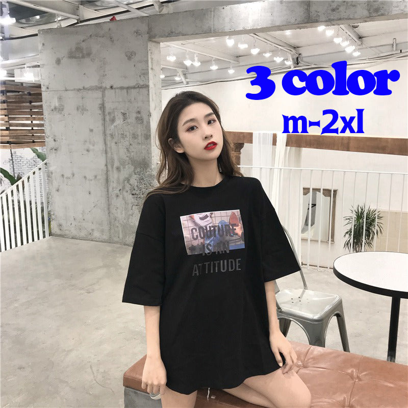 カットソー トップス Tシャツ 五分袖 半袖 プリント ラウンドネック ロング丈 ゆったり 大きめ カジュアル ラフ ルーズ おしゃれ 夏 M L XL 2XL 女性 レディース レディースファッション