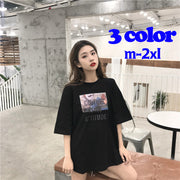 カットソー トップス Tシャツ 五分袖 半袖 プリント ラウンドネック ロング丈 ゆったり 大きめ カジュアル ラフ ルーズ おしゃれ 夏 M L XL 2XL 女性 レディース レディースファッション