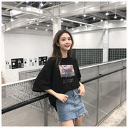 カットソー トップス Tシャツ 五分袖 半袖 プリント ラウンドネック ロング丈 ゆったり 大きめ カジュアル ラフ ルーズ おしゃれ 夏 M L XL 2XL 女性 レディース レディースファッション