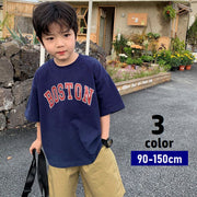 Tシャツ カットソー 半袖 キッズ 子供服 トップス ジュニア 男の子 女の子 ドロップショルダー ラウンドネック 英字ロゴ プルオーバー カジュアル ラフ 普段着 男子 女子 こども服