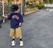 Tシャツ カットソー 半袖 キッズ 子供服 トップス ジュニア 男の子 女の子 ドロップショルダー ラウンドネック 英字ロゴ プルオーバー カジュアル ラフ 普段着 男子 女子 こども服