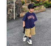 Tシャツ カットソー 半袖 キッズ 子供服 トップス ジュニア 男の子 女の子 ドロップショルダー ラウンドネック 英字ロゴ プルオーバー カジュアル ラフ 普段着 男子 女子 こども服