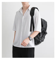 カジュアルシャツ 五分袖 メンズ 男性用 トップス 襟付き 前開き 無地 大きいサイズ ゆったり シンプル おしゃれ かっこいい ベーシック 着回し力 デイリー 通勤 通学 普段着 羽織り 単色 ホワイト ブラック グレー 白 黒