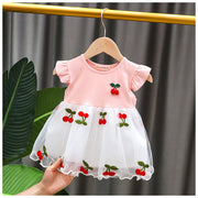 ベビー服 ベビーウェア ワンピース 半袖 さくらんぼ チェリー 刺繍 チュールスカート かわいい お出かけ 夏 女の子 赤 ピンク 70cm 80cm 90cm 100cm