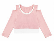 長袖カットソー ロングパンツ 単品 キッズ ベビー 子供用 女の子 ロングTシャツ 重ね着風 ラウンドネック オープンショルダー 長ズボン ウエストゴム 裾ゴム リボン ボトムス トップス シンプル カジュアル 着回し 合わせやすい お洒落 可愛い お出かけ 普段使い 女児 子供服