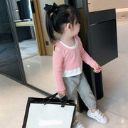 長袖カットソー ロングパンツ 単品 キッズ ベビー 子供用 女の子 ロングTシャツ 重ね着風 ラウンドネック オープンショルダー 長ズボン ウエストゴム 裾ゴム リボン ボトムス トップス シンプル カジュアル 着回し 合わせやすい お洒落 可愛い お出かけ 普段使い 女児 子供服