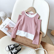 長袖カットソー ロングパンツ 単品 キッズ ベビー 子供用 女の子 ロングTシャツ 重ね着風 ラウンドネック オープンショルダー 長ズボン ウエストゴム 裾ゴム リボン ボトムス トップス シンプル カジュアル 着回し 合わせやすい お洒落 可愛い お出かけ 普段使い 女児 子供服