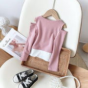 長袖カットソー ロングパンツ 単品 キッズ ベビー 子供用 女の子 ロングTシャツ 重ね着風 ラウンドネック オープンショルダー 長ズボン ウエストゴム 裾ゴム リボン ボトムス トップス シンプル カジュアル 着回し 合わせやすい お洒落 可愛い お出かけ 普段使い 女児 子供服
