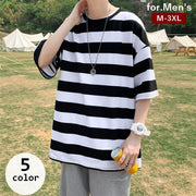 カットソー Tシャツ 半袖 メンズ トップス ラウンドネック ドロップショルダー ボーダー柄 プルオーバー 大きいサイズあり 男性用 ゆったり ラフ カジュアル 普段着 M L XL 2XL 3XL