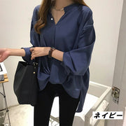 ブラウス シャツ 長袖 プルオーバー スタンドカラー シンプル 無地 レディース エレガント ゆったり 緩め おしゃれ 大人 体型カバー きれいめ ビジネス