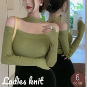 ニット レディース 女性用 トップス セーター 長袖 オフショルダー ボートネック リブ タイト 無地 薄手 おしゃれ セクシー カジュアル 肩出し ホワイト ブラック レッド ワイン ブルー グリーン 白 黒 赤 青 緑