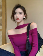 ニット レディース 女性用 トップス セーター 長袖 オフショルダー ボートネック リブ タイト 無地 薄手 おしゃれ セクシー カジュアル 肩出し ホワイト ブラック レッド ワイン ブルー グリーン 白 黒 赤 青 緑