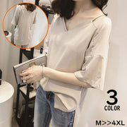 半袖カットソー レディース 大きいサイズ Tシャツ Vネック 美背中 チュニック風 イレヘム 肩紐 ゆったり 体型カバー 無地