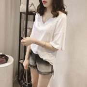 半袖カットソー レディース 大きいサイズ Tシャツ Vネック 美背中 チュニック風 イレヘム 肩紐 ゆったり 体型カバー 無地
