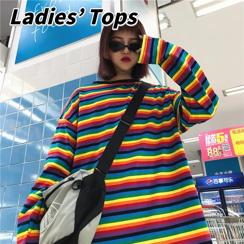 カットソー 長袖 チュニック丈 レディース 女性用 トップス ボーダー柄 ラウンドネック 着回し カラフル ゆったり 大きいサイズあり カジュアル おしゃれ お出かけ 旅行 通学 通勤 部屋着 女の子 婦人用
