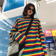 カットソー 長袖 チュニック丈 レディース 女性用 トップス ボーダー柄 ラウンドネック 着回し カラフル ゆったり 大きいサイズあり カジュアル おしゃれ お出かけ 旅行 通学 通勤 部屋着 女の子 婦人用