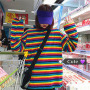 カットソー 長袖 チュニック丈 レディース 女性用 トップス ボーダー柄 ラウンドネック 着回し カラフル ゆったり 大きいサイズあり カジュアル おしゃれ お出かけ 旅行 通学 通勤 部屋着 女の子 婦人用