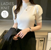 ニット 半袖 ニットソー プチハイネック レディース 女性 婦人服 トップス パフスリーブ 薄手ニット 無地 単色 シンプル おしゃれ かわいい