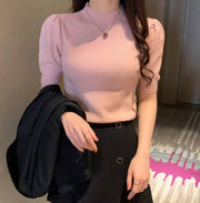 ニット 半袖 ニットソー プチハイネック レディース 女性 婦人服 トップス パフスリーブ 薄手ニット 無地 単色 シンプル おしゃれ かわいい