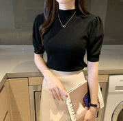 ニット 半袖 ニットソー プチハイネック レディース 女性 婦人服 トップス パフスリーブ 薄手ニット 無地 単色 シンプル おしゃれ かわいい