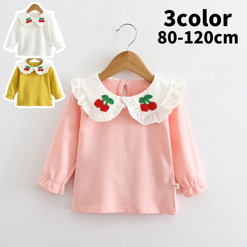 カットソー 長袖 キッズ 子供服 女の子 トップス Tシャツ 襟付き クルーネック 無地 フリル 刺繍 チェリー 定番 シンプル カジュアル お出かけ 部屋着 通園 通学 80 90 100 110 120 白 黄色 ピンク