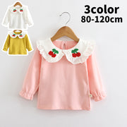 カットソー 長袖 キッズ 子供服 女の子 トップス Tシャツ 襟付き クルーネック 無地 フリル 刺繍 チェリー 定番 シンプル カジュアル お出かけ 部屋着 通園 通学 80 90 100 110 120 白 黄色 ピンク