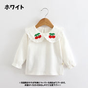 カットソー 長袖 キッズ 子供服 女の子 トップス Tシャツ 襟付き クルーネック 無地 フリル 刺繍 チェリー 定番 シンプル カジュアル お出かけ 部屋着 通園 通学 80 90 100 110 120 白 黄色 ピンク