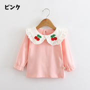 カットソー 長袖 キッズ 子供服 女の子 トップス Tシャツ 襟付き クルーネック 無地 フリル 刺繍 チェリー 定番 シンプル カジュアル お出かけ 部屋着 通園 通学 80 90 100 110 120 白 黄色 ピンク