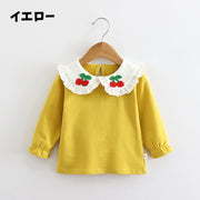 カットソー 長袖 キッズ 子供服 女の子 トップス Tシャツ 襟付き クルーネック 無地 フリル 刺繍 チェリー 定番 シンプル カジュアル お出かけ 部屋着 通園 通学 80 90 100 110 120 白 黄色 ピンク