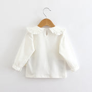 カットソー 長袖 キッズ 子供服 女の子 トップス Tシャツ 襟付き クルーネック 無地 フリル 刺繍 チェリー 定番 シンプル カジュアル お出かけ 部屋着 通園 通学 80 90 100 110 120 白 黄色 ピンク