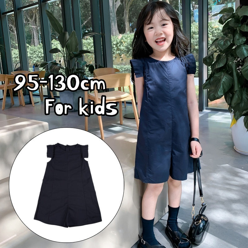オールインワン つなぎ キッズ ベビー 子供 女の子 ノースリーブ 肩フリル ウイングショルダー 膝丈 ショートパンツ 無地 シンプル カジュアル おしゃれ かわいい お出かけ 女児 子ども こども 子供服
