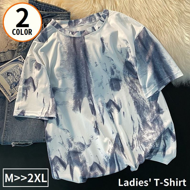 Tシャツ カットソー 半袖 レディース 大きいサイズ ゆったり ラウンドネック ドロップショルダー プリント カジュアル おしゃれ