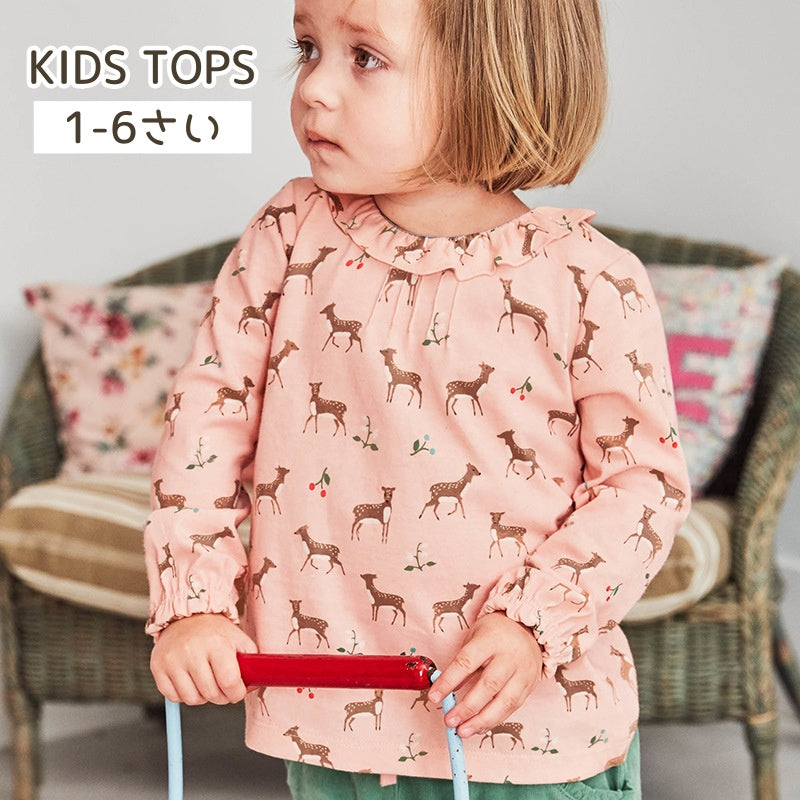 カットソー キッズ ベビー トップス Tシャツ ブラウス 長袖 襟 フリル アニマル かわいい おしゃれ 子供服 子供 女の子 幼児 赤ちゃん ベビー服