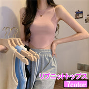 ノースリーブニット レディース 婦人服 トップス リブニット 袖なし ラウンドネック クルーネック ショート丈 無地 裾 ラウンドカット 短め フィット スリム おしゃれ かわいい