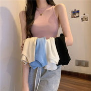 ノースリーブニット レディース 婦人服 トップス リブニット 袖なし ラウンドネック クルーネック ショート丈 無地 裾 ラウンドカット 短め フィット スリム おしゃれ かわいい