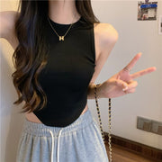 ノースリーブニット レディース 婦人服 トップス リブニット 袖なし ラウンドネック クルーネック ショート丈 無地 裾 ラウンドカット 短め フィット スリム おしゃれ かわいい