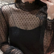 ブラウス 長袖 シアートップス 重ね着用 レディース 婦人服 女性用 ハイネック レイヤード シースルー 透け感 レース フリル 薄手 プルオーバー 可愛い おしゃれ お出掛け