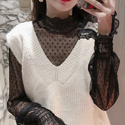 ブラウス 長袖 シアートップス 重ね着用 レディース 婦人服 女性用 ハイネック レイヤード シースルー 透け感 レース フリル 薄手 プルオーバー 可愛い おしゃれ お出掛け