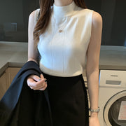 ノースリーブニット レディース プチハイネック トップス 無地 単色 タイト スリム リブ すっきり 大人 シンプル 重ね着 着回し 袖なし プルオーバー デイリー カジュアル オフィス お出かけ 女性用 婦人用
