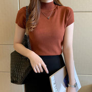 ニット ハイネック 半袖ニットソー ハイゲージ トップス レディース 春 リブ使い 無地 ボトルネック スリム フィット ベーシック シンプル オフィス カジュアル 女性用
