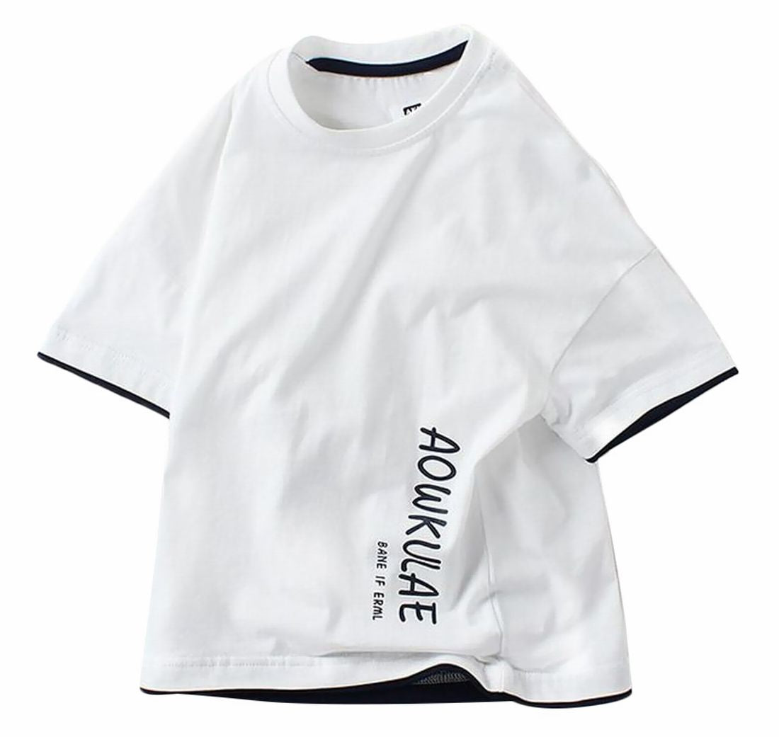Tシャツ ラウンドネック クルーネック バイカラー 半袖 キッズ ジュニア 男の子 女の子 プリント ロゴ 無地 子ども服 夏服 かわいい 普段着 デイリー