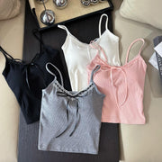 キャミソール カップ入り レディース 女性 トップス ブラトップ インナー パッド付き リボン レース リブ タイト スリム かわいい キュート ガーリー おしゃれ