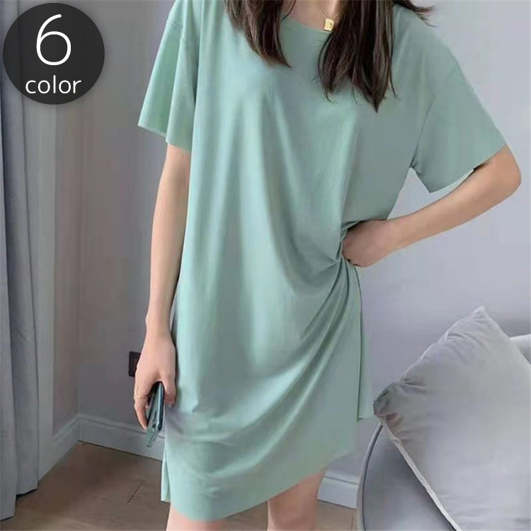 ルームウェア ワンピース レディース 女性用 トップス ロングTシャツ 半袖 ラウンドネック サイドスリット 部屋着 ロンT 無地 単色 シンプル 定番 黒 ブラック ピンク