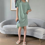 ルームウェア ワンピース レディース 女性用 トップス ロングTシャツ 半袖 ラウンドネック サイドスリット 部屋着 ロンT 無地 単色 シンプル 定番 黒 ブラック ピンク