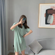 ルームウェア ワンピース レディース 女性用 トップス ロングTシャツ 半袖 ラウンドネック サイドスリット 部屋着 ロンT 無地 単色 シンプル 定番 黒 ブラック ピンク