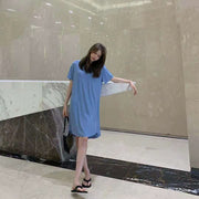 ルームウェア ワンピース レディース 女性用 トップス ロングTシャツ 半袖 ラウンドネック サイドスリット 部屋着 ロンT 無地 単色 シンプル 定番 黒 ブラック ピンク